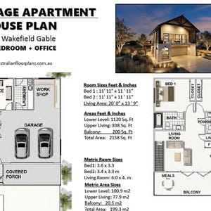 House Plan#200 WAKEFIELD Gable- Garage Apartment / Granny Flat / Carriage House Plan 2 Bedroom + Office | 3 Bathrooms | Double Garage