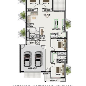 Op de afbeelding: Gedetailleerde architectonische plattegrond van een huis, met vier slaapkamers, twee badkamers en een studeerkamer. Het plan omvat een garage, keuken, woonkamer en patio. De afmetingen zijn 11,7 x 22,03 meter.