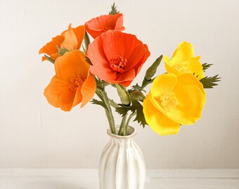 Paper California Poppy Stem - Bridal Flowers - Colorful Paper Wildflower for Bouquet - California Poppies - Custom Colors Available