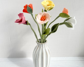 Thick Stem Small  Wildflower Blooms, Bundle of 6, small felt flowers for bud vase, felt covered stem wire, child safe flowers