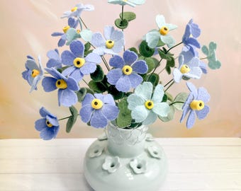 Handmade Wool Felt Forget Me Not Flower Stem – Blue Floral Decor, Wire Stem Arrangement