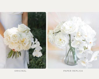 May include: A side-by-side comparison showing a bouquet of white roses and orchids on the left labeled ORIGINAL, and a paper replica of the same floral arrangement in a clear glass vase on the right labeled PAPER REPLICA, featuring white petals.
