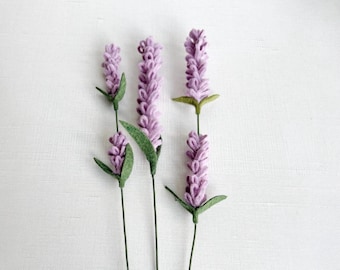 Handmade Wool Felt Lavender Stems - Soft Purple Botanical Decor, 3 Pack | Felt Flowers for Bouquet