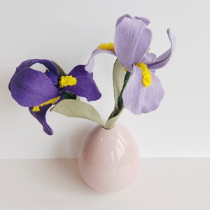 K&ouml;nnte beinhalten: Zwei Filz-Iris-Blumen in einer rosa Vase. Die Blumen sind lila und helllila mit gelben Zentren. Die Vase hat eine einfache, runde Form.