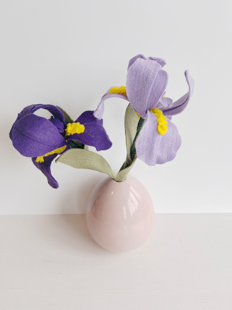 K&ouml;nnte beinhalten: Zwei Filz-Iris-Blumen in einer rosa Vase. Die Blumen sind lila und helllila mit gelben Zentren. Die Vase hat eine einfache, runde Form.