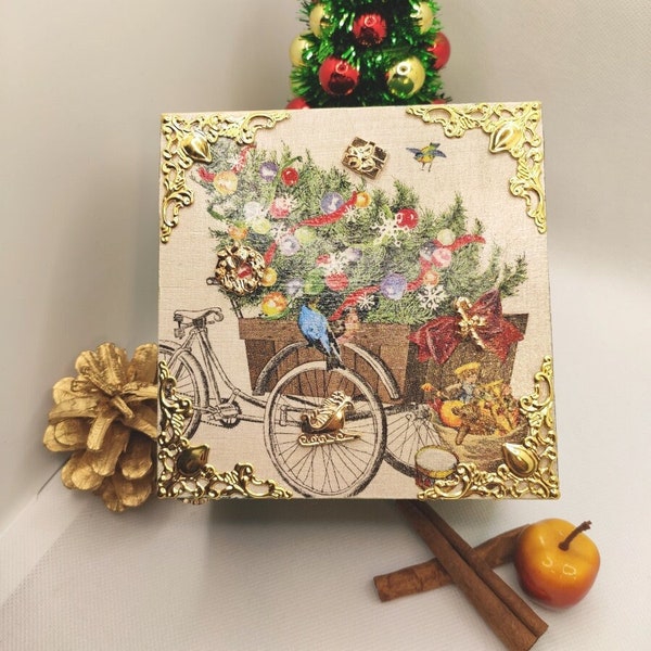 Geschenk Weihnachten, Geschenkbox Geschenkschachtel Aufbewahrungsbox, Deko Weihnachten, Wooden Xmas Christmas Box Decoupage
