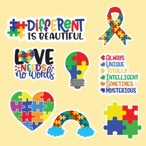 May include: A selection of colourful puzzle-piece themed stickers. Designs include a ribbon, a heart, a rainbow, and text that reads "Different is Beautiful" and "Love Needs No Words". Other text includes "Always Unique Totally Intelligent Sometimes Mysterious".