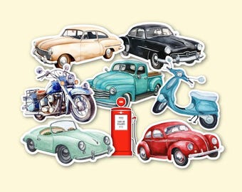 May include: A collection of vintage vehicles, including a red car, a blue pickup truck, a white car, a black car, a blue scooter, a motorcycle, and a green car. A red gas pump is also included in the image.