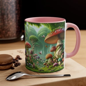 Paddestoelmok Enchanted Forest Cottagecore 11oz keramische grillige 3D-paddenstoelen, elfjes en Pixies-tweekleurig accent. Perfect voor paddenstoelenliefhebbers.