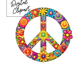 Könnte beinhalten: Ein farbenfrohes Peace-Zeichen mit einem floralen Design. Das Peace-Zeichen ist schwarz umrandet und mit einer Vielzahl von Blumen in Rot-, Orange-, Gelb-, Grün-, Blau- und Violetttönen gefüllt.