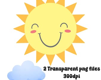Op de afbeelding: Een glimlachende gele zon met een blauwe wolk. De zon heeft een vrolijk gezicht met gesloten ogen en roze wangen. De tekst "2 Transparent png files 300dpi" staat onder de zon en de wolk.