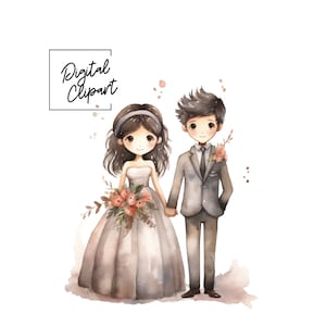 Novia y novio png, linda novia y novio de cabello oscuro, imágenes prediseñadas de pareja de novios, imágenes prediseñadas de acuarela, gráficos de novia y novio, parejas png