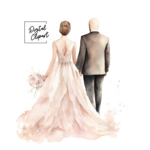 Braut und Bräutigam png, dunkelhaarige Braut und Glatze Bräutigam, Hochzeit paar Clipart, Aquarell Clipart, Braut und Bräutigam Grafiken, Paare png