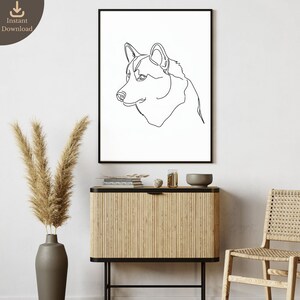 Póster de una línea con impresión digital de perro husky siberiano