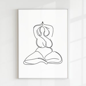 One line poster curvy female body meditation pose print line art yoga girl wall art woman body positive drawing Namaste Print Yoga Poster
