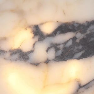 May include: Close-up of a white marble surface with gray veining. The surface is smooth and polished, with a subtle sheen.