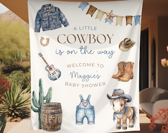 Toile de fond de fête de shower de bébé cowboy, bannière de shower de bébé sur le thème cow-girl bébé bleu jean, arrière-plan photo saupoudré pour bébé Western en denim