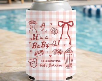 Custom Baby-Q Baby Shower Cozies, All American Baby Red White and Blue Favors, USA BBQ Grill Baby Sprinkle Party, Fourth of July Can Coolers