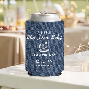 Custom Blue Jean Baby Denim Style Can Cozie, Western Baby Shower Party, Blue Jean Baby Shower Favors, Cowgirl Cowboy on the Way Drink Cooler image 1