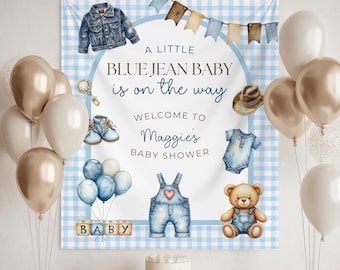 Toile de fond bleu jean baby shower party, bannière de baby shower sur le thème cowboy ou cow-girl vichy, arrière-plan photo saupoudré pour bébé Western denim
