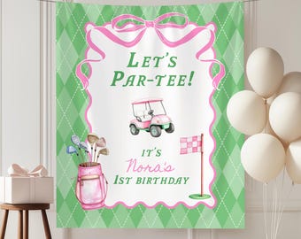 Custom Golf 1st Birthday Par-Tee Banner, Girls Golf Birthday Banner, Mastered Any Age Birthday Backdrop, Hole in One Welcome Sign
