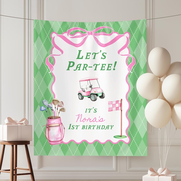 Striscione personalizzato per il primo compleanno di golf, striscione per il compleanno di golf per ragazze, sfondo per compleanni adatti a tutte le età, cartello di benvenuto per buca in uno