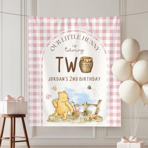 May include: A pink and white gingham backdrop with the text "OUR LITTLE HUNNY is turning TWO" and "JORDAN'S 2ND BIRTHDAY". Features a Winnie the Pooh illustration with balloons and a gift box.