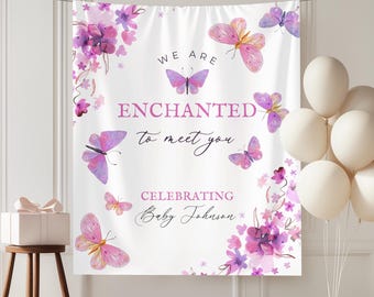 Banner personalizado de hada y mariposa para baby shower, decoración floral para baby shower "Enchanted to Meet You", fondo fotográfico con chispas de amor para bebé.