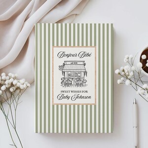 Livro de recordações personalizado do chá de bebê Bonjour Bebe Cafe, livro de visitas estilo francês preppy para chá de bebê, livro de memórias com os melhores desejos para o bebê em Paris, diário de gravidez imagem 5