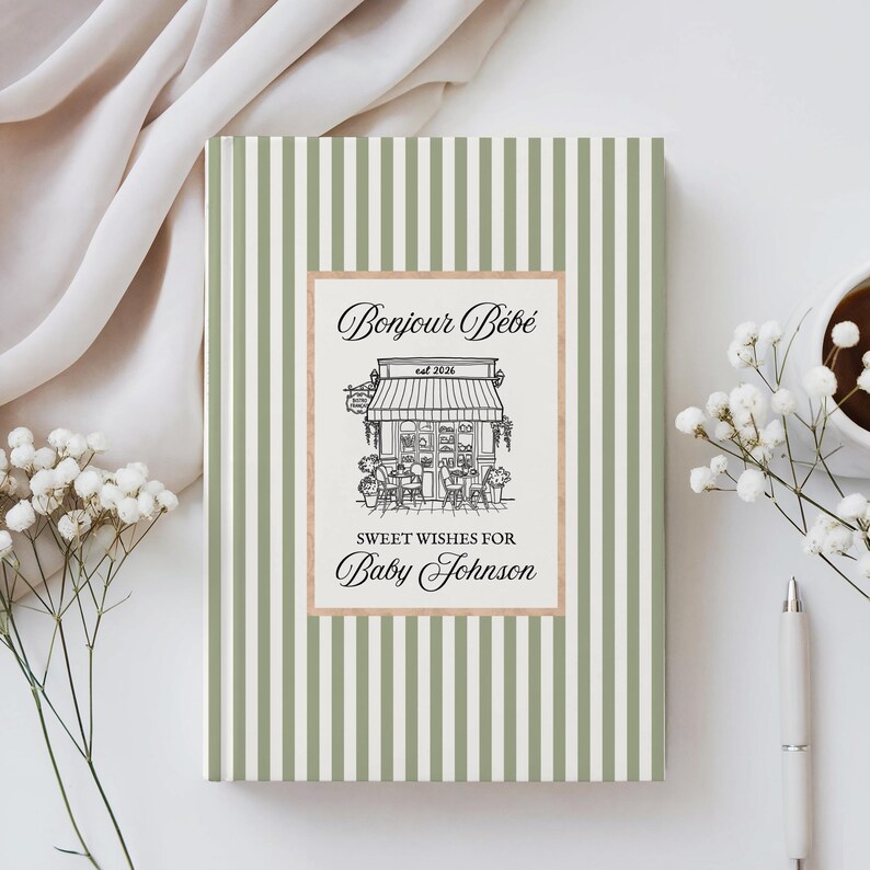 Livro de recordações personalizado do chá de bebê Bonjour Bebe Cafe, livro de visitas estilo francês preppy para chá de bebê, livro de memórias com os melhores desejos para o bebê em Paris, diário de gravidez imagem 5