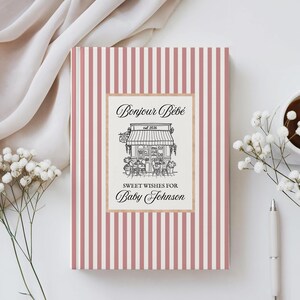 Livro de recordações personalizado do chá de bebê Bonjour Bebe Cafe, livro de visitas estilo francês preppy para chá de bebê, livro de memórias com os melhores desejos para o bebê em Paris, diário de gravidez imagem 11