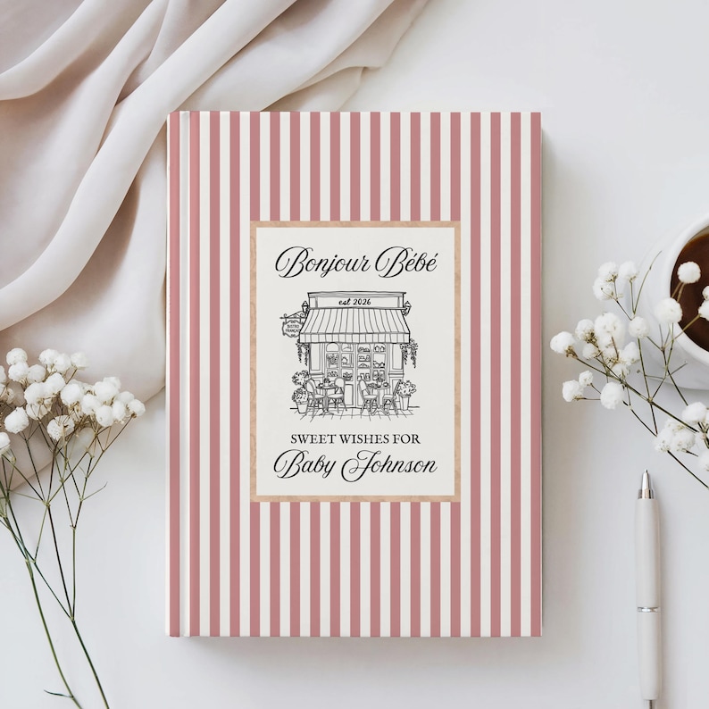 Livro de recordações personalizado do chá de bebê Bonjour Bebe Cafe, livro de visitas estilo francês preppy para chá de bebê, livro de memórias com os melhores desejos para o bebê em Paris, diário de gravidez imagem 11
