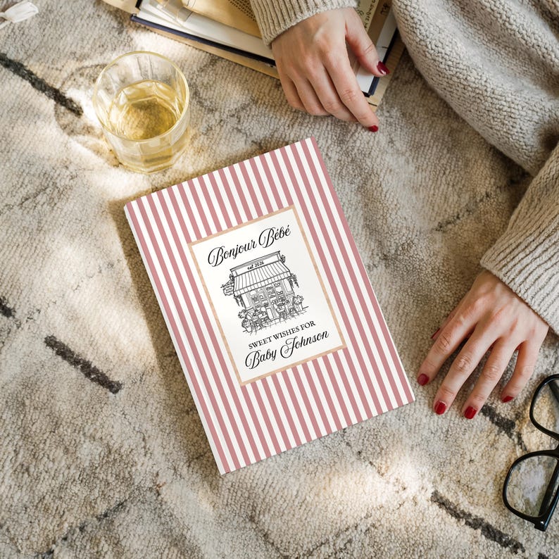 Livro de recordações personalizado do chá de bebê Bonjour Bebe Cafe, livro de visitas estilo francês preppy para chá de bebê, livro de memórias com os melhores desejos para o bebê em Paris, diário de gravidez imagem 2