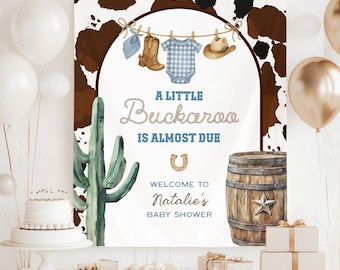Toile de fond personnalisée pour baby shower, bannière de baby shower sur le thème bleu jean bébé, petit Buckaroo denim western saupoudrer bébé photo de fond