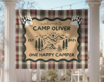One Happy Camper First Birthday Banner, Camping Party Backdrop, Adventure Awaits Decor, Boys Birthday Celebration, Camping Theme Party