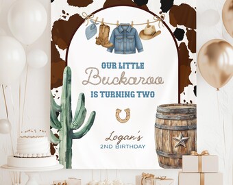 Bannière personnalisée pour 2e anniversaire de cow-boy, notre petit Buckaroo a deux ans, signe d'anniversaire de bébé bleu jean, toile de fond western denim