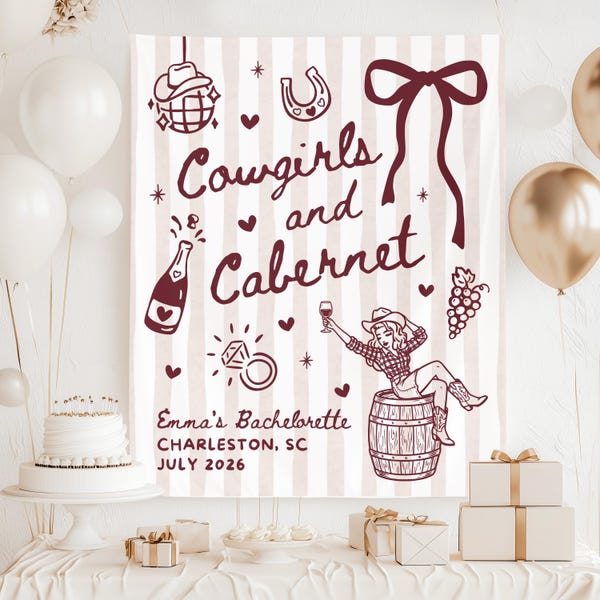 Bannière de cow-girls et cabernet EVJF, décoration de douche nuptiale Vino avant vœux, toile de fond western cow-girl, enseigne Nashville EVJF