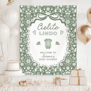 Cielito Lindo Baby Shower Sign Backdrop, Mexican baby shower party decor, Sage Green Talavera Style Banner, Sprinkle Photo Background