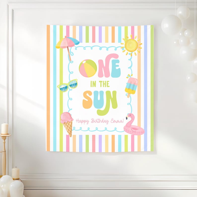 One in the Sun 1st Birthday Fabric Banner, Pool Party Kids Beach Birthday Name Backdrop, Custom 1st Birthday Girl Smash Cake Backdrop image 10