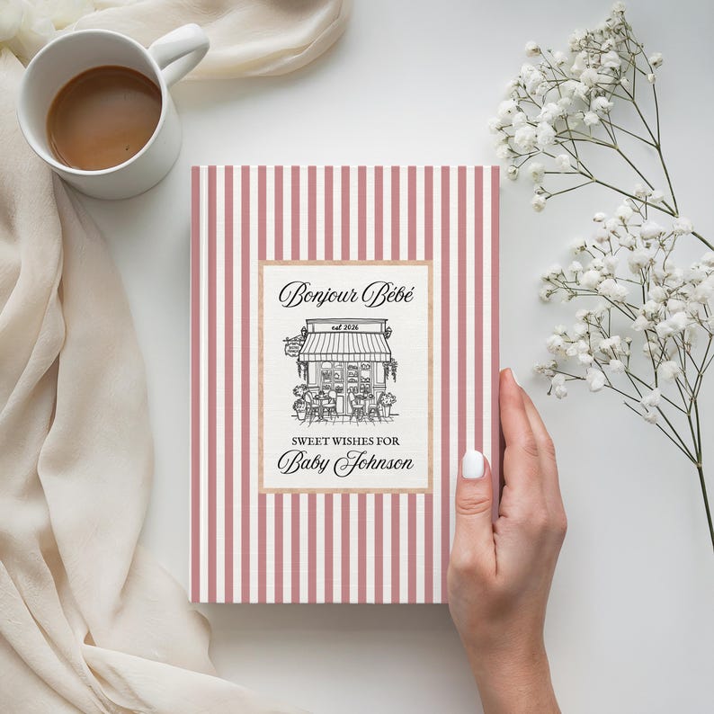 Livro de recordações personalizado do chá de bebê Bonjour Bebe Cafe, livro de visitas estilo francês preppy para chá de bebê, livro de memórias com os melhores desejos para o bebê em Paris, diário de gravidez imagem 9