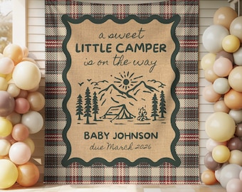 Little Camper on the Way Baby Shower Decorations, Woodland Outdoor Themed Baby Shower Party Banner, Adventure Awaits Baby Sprinkle Backdrop