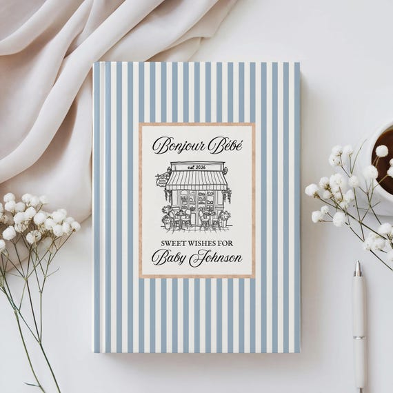 Personalized Bonjour Bebe Cafe Baby Book, French Preppy Baby Shower Guestbook, Paris Best Wishes for Baby Memory Book, Pregnancy Journal