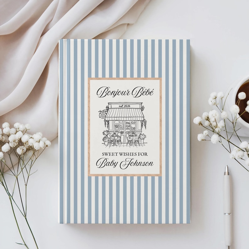 Livro de recordações personalizado do chá de bebê Bonjour Bebe Cafe, livro de visitas estilo francês preppy para chá de bebê, livro de memórias com os melhores desejos para o bebê em Paris, diário de gravidez imagem 1
