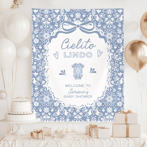 Cielito Lindo Baby Shower Sign Backdrop, Mexican baby shower party decor, Blue Talavera Style Banner, Sprinkle Photo Background