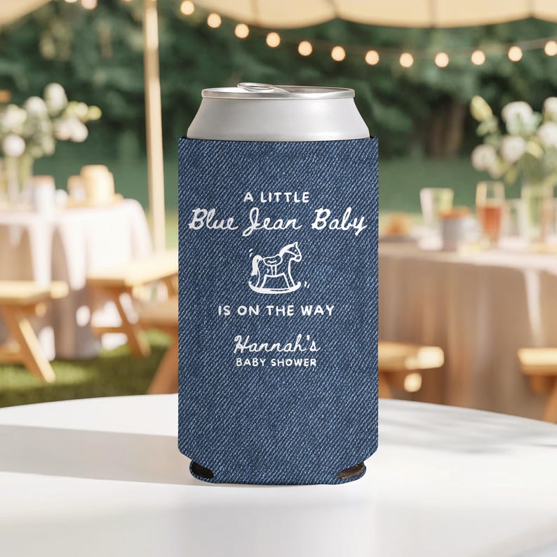 Custom Blue Jean Baby Denim Style Can Cozie, Western Baby Shower Party, Blue Jean Baby Shower Favors, Cowgirl Cowboy on the Way Drink Cooler image 4