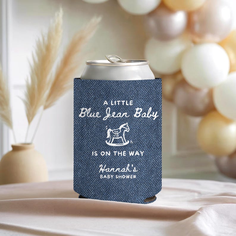 Custom Blue Jean Baby Denim Style Can Cozie, Western Baby Shower Party, Blue Jean Baby Shower Favors, Cowgirl Cowboy on the Way Drink Cooler image 2