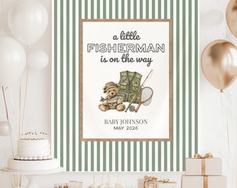Fondo para baby shower de pequeño pescador, pancarta personalizada con temática de peces para bebé en camino, fondo fotográfico para fiesta de bebé niño con chispas.