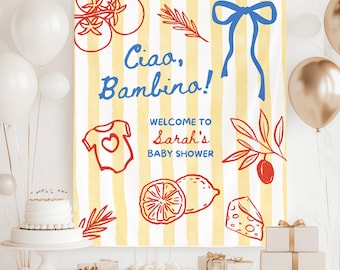Fondo para baby shower italiano "Ciao Bambino", cartel de fiesta de limón italiano, pancarta de bebé de mercado de verano, fondo fotográfico con chispas de cultivo local