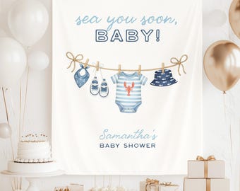 Decoraciones para baby shower con temática marinera "Sea You Soon", pancarta para fiesta de baby shower con temática náutica del océano profundo, fondo fotográfico para baby shower con temática de langosta.