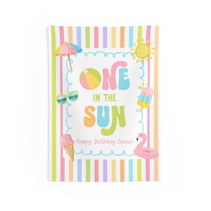 One in the Sun 1st Birthday Fabric Banner, Pool Party Kids Beach Birthday Name Backdrop, Custom 1st Birthday Girl Smash Cake Backdrop image 5